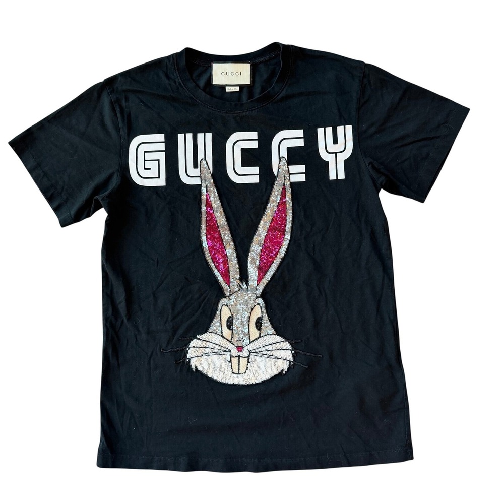 Gucci x Looney Tunes Bugs Bunny Guccy Sequin Logo Black T-Shirt Size‎ M Italy